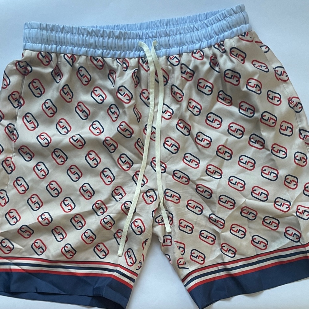 Gucci Cream and Blue Logo Pattern Shorts